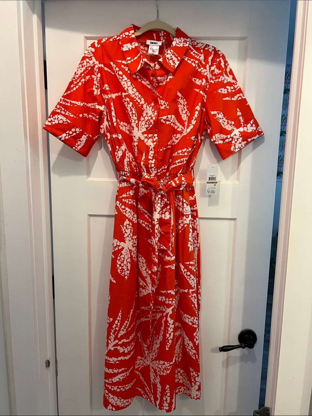 DKNY Red and White Floral-Print Midi Shirt Dress with Tie Waist